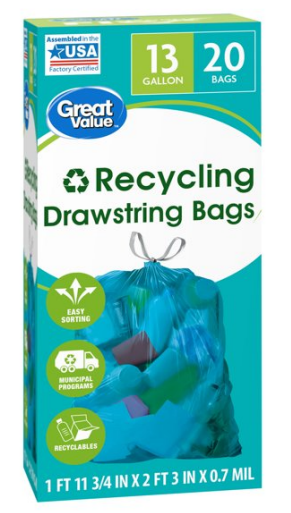 Great Value Clear Recycling Tall Kitchen Trash Bags, 13 Gallon, 20 Bags  (Drawstring)